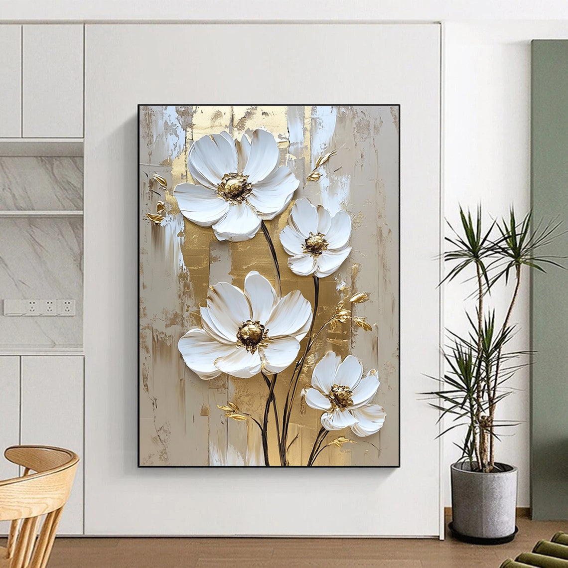 Abstract white daisy flowers with gold accents on a textured background create a stunning wall art painting that elevates any space.STSC510