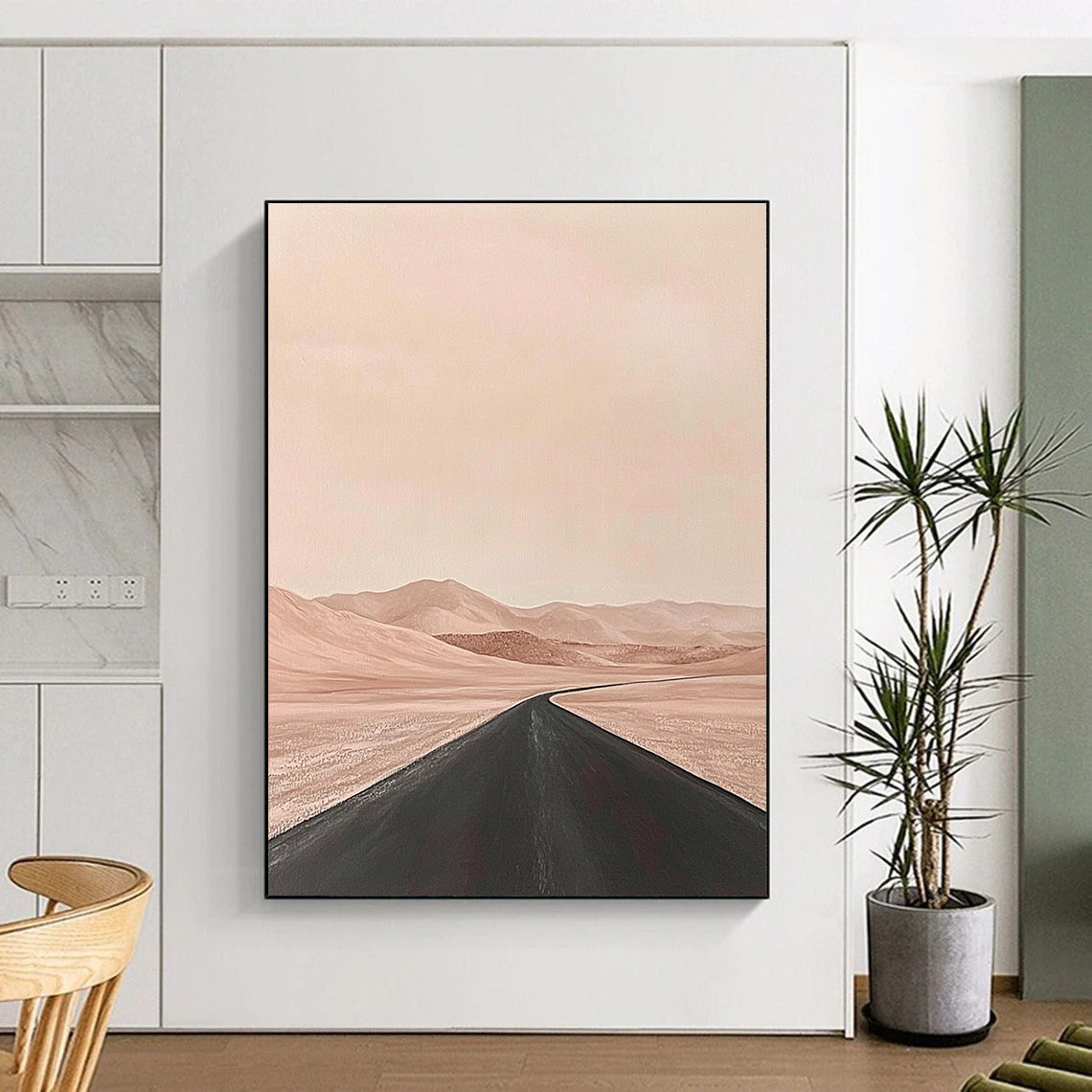 Large abstract painting of a desert scene featuring an empty road in the foreground with muted tones in a minimalist style.STSC1093