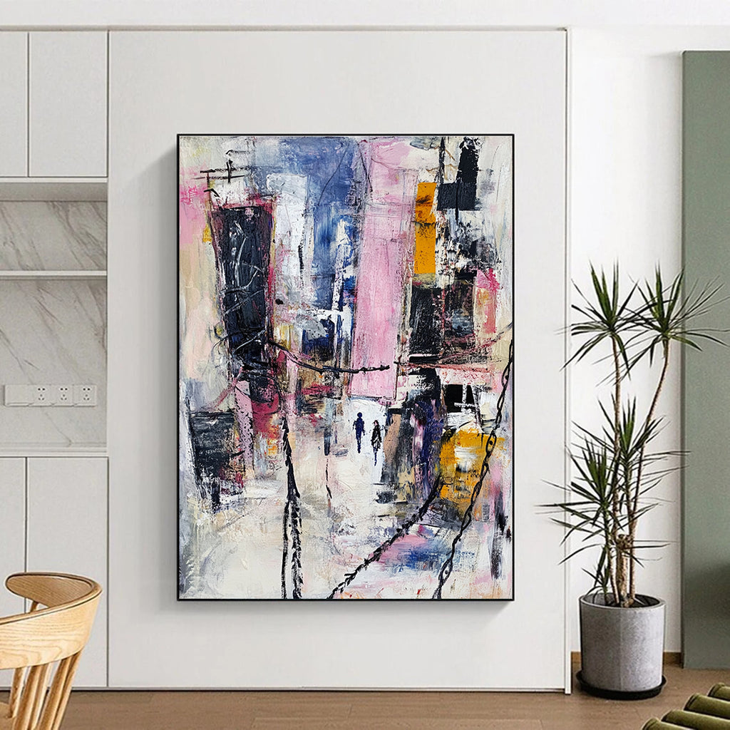 Large abstract painting featuring an urban landscape with mixed media elements in pastel colors and dynamic textures of fabric and metal.STSC666