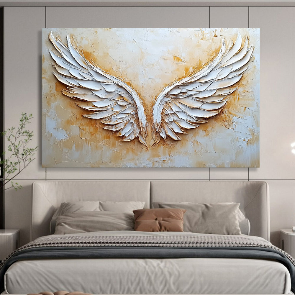 Large abstract angel wings oil painting in beige and white on textured canvas adds elegance and depth to any space.SC004