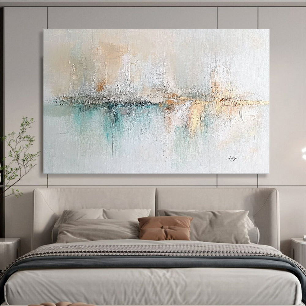 Large abstract painting on textured canvas featuring soft pastels cream mint green muted blue and hints of gold with impressionist brushwork.SC208