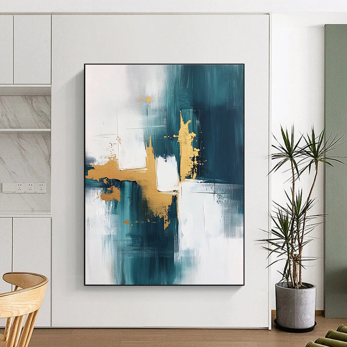 Teal Gold and White Abstract Painting with Modern Flair GER676