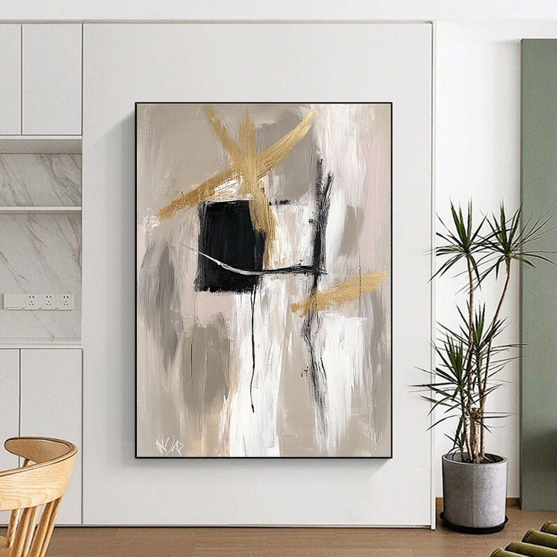 Gold Black and Gray Abstract Painting with Dynamic Strokes GER690