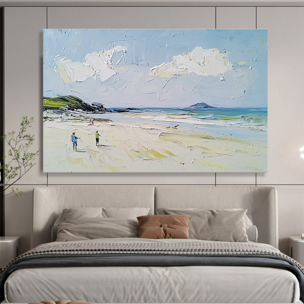 Beach Scene with Figures Textured Abstract Painting with Light Blues DYP596