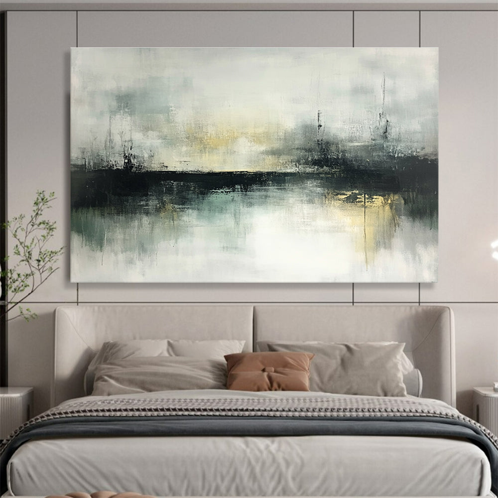 Large abstract painting of misty landscapes featuring muted greens and grays with soft edges and an atmospheric quality ideal for modern art lovers.SC196