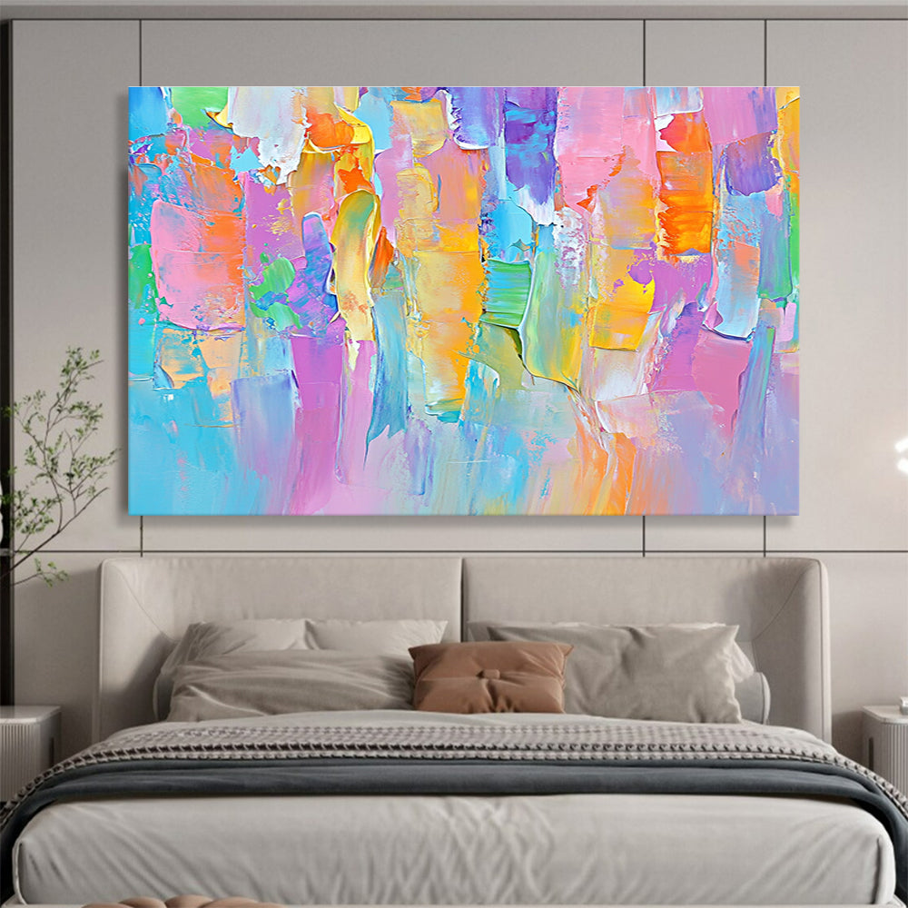 Large abstract painting featuring soft pastels and bold lines, evoking springtime joy with vibrant colors and playful brushstrokes.SC185