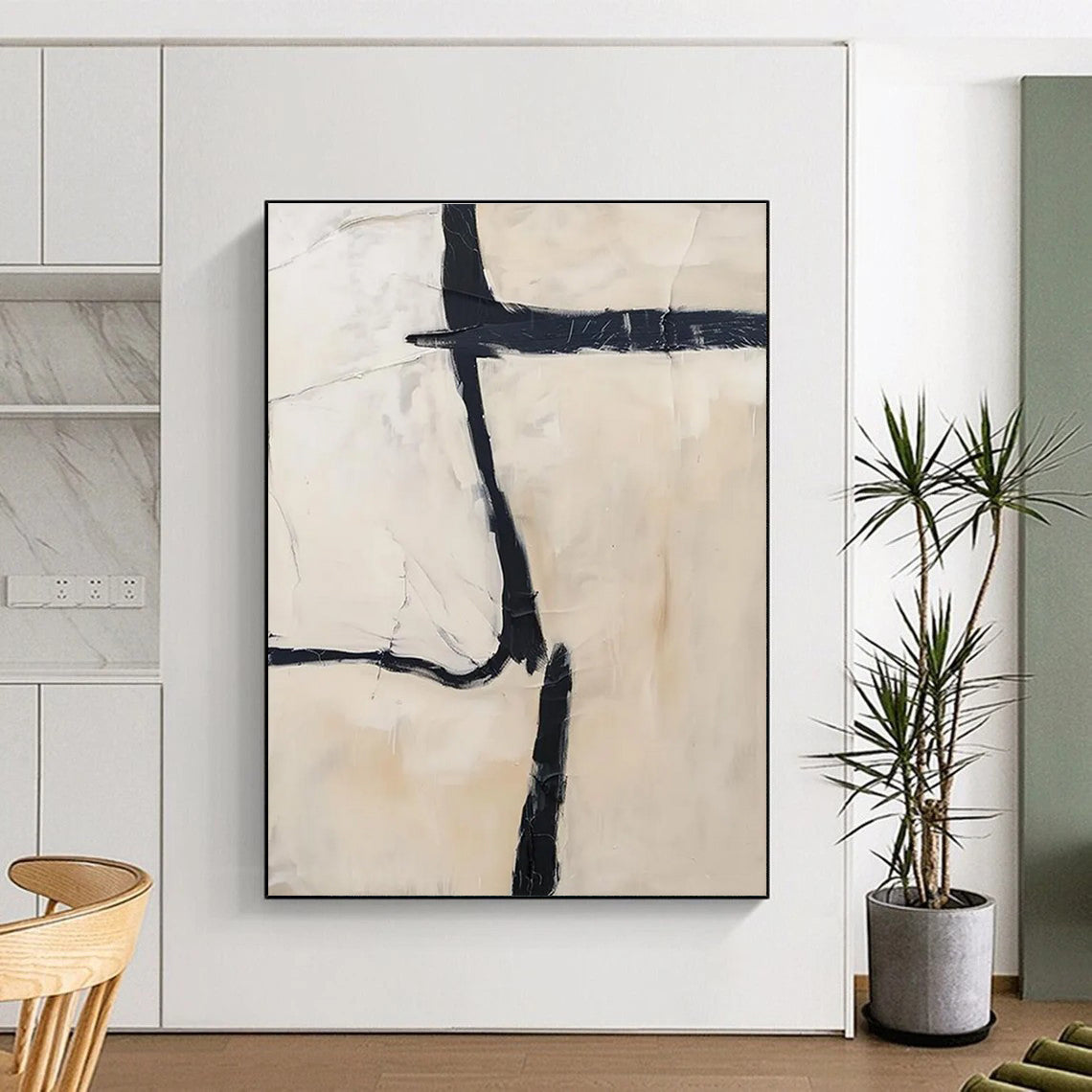 Minimalist Black - White Abstract Painting with Bold Lines ADGE452