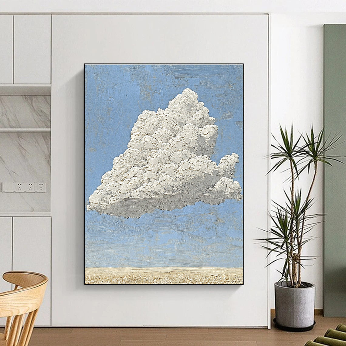 A large abstract painting featuring a textured white cloud above an empty field with soft natural light and professional color grading.STSC1035