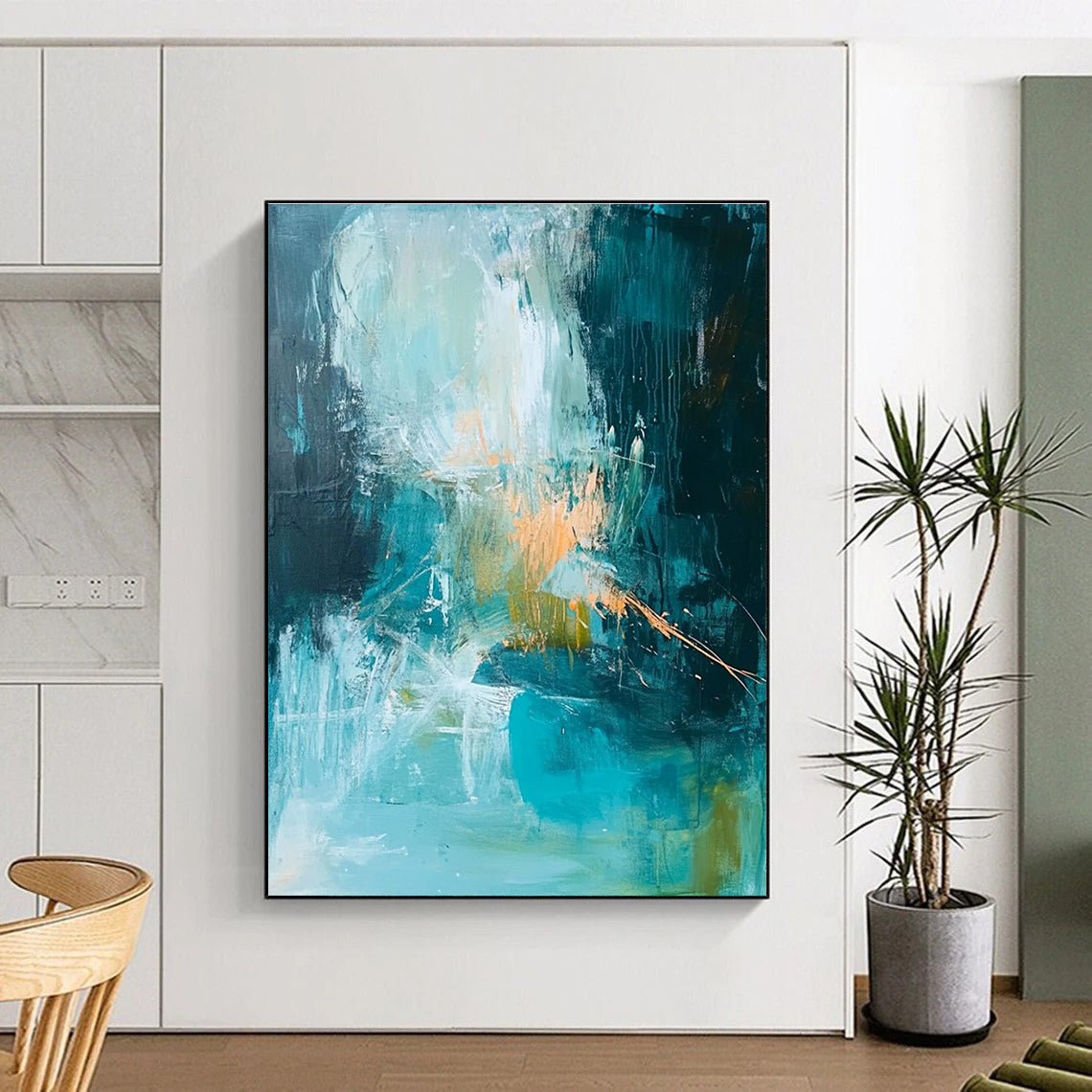 Teal and Orange Abstract Painting with Dynamic Brushstrokes GER588