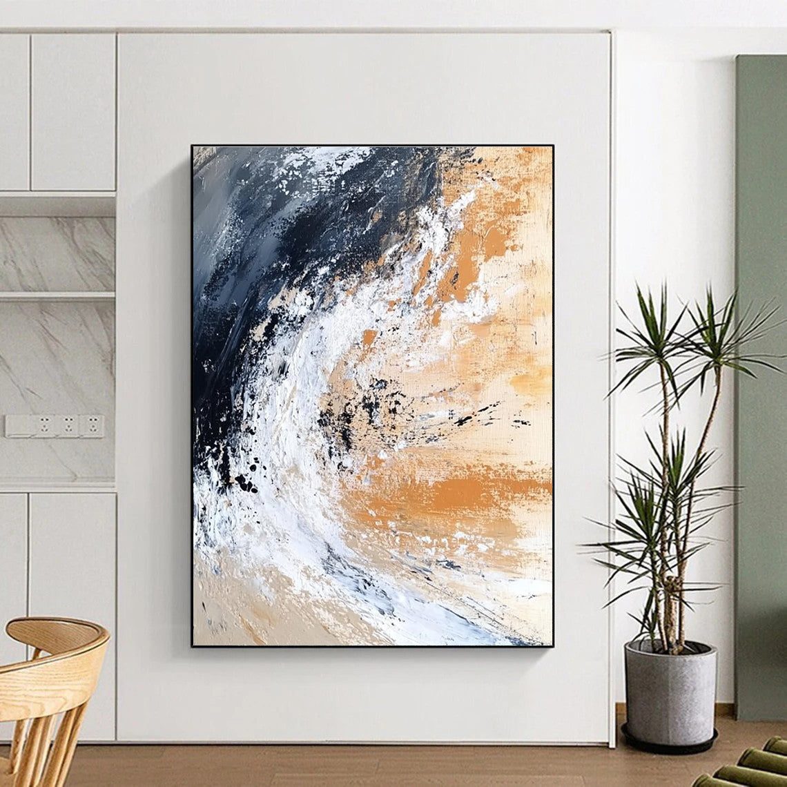 Large abstract painting depicting an ocean wave crashing on the shore in dark black and white with beige brown gray and rust orange.STSC555