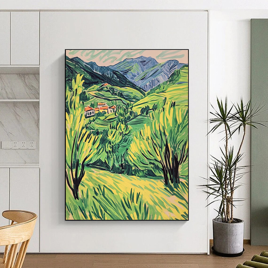 A large abstract painting capturing a vibrant spring Alps landscape in doodle style with simple lines and lively green and yellow hues.STSC1017