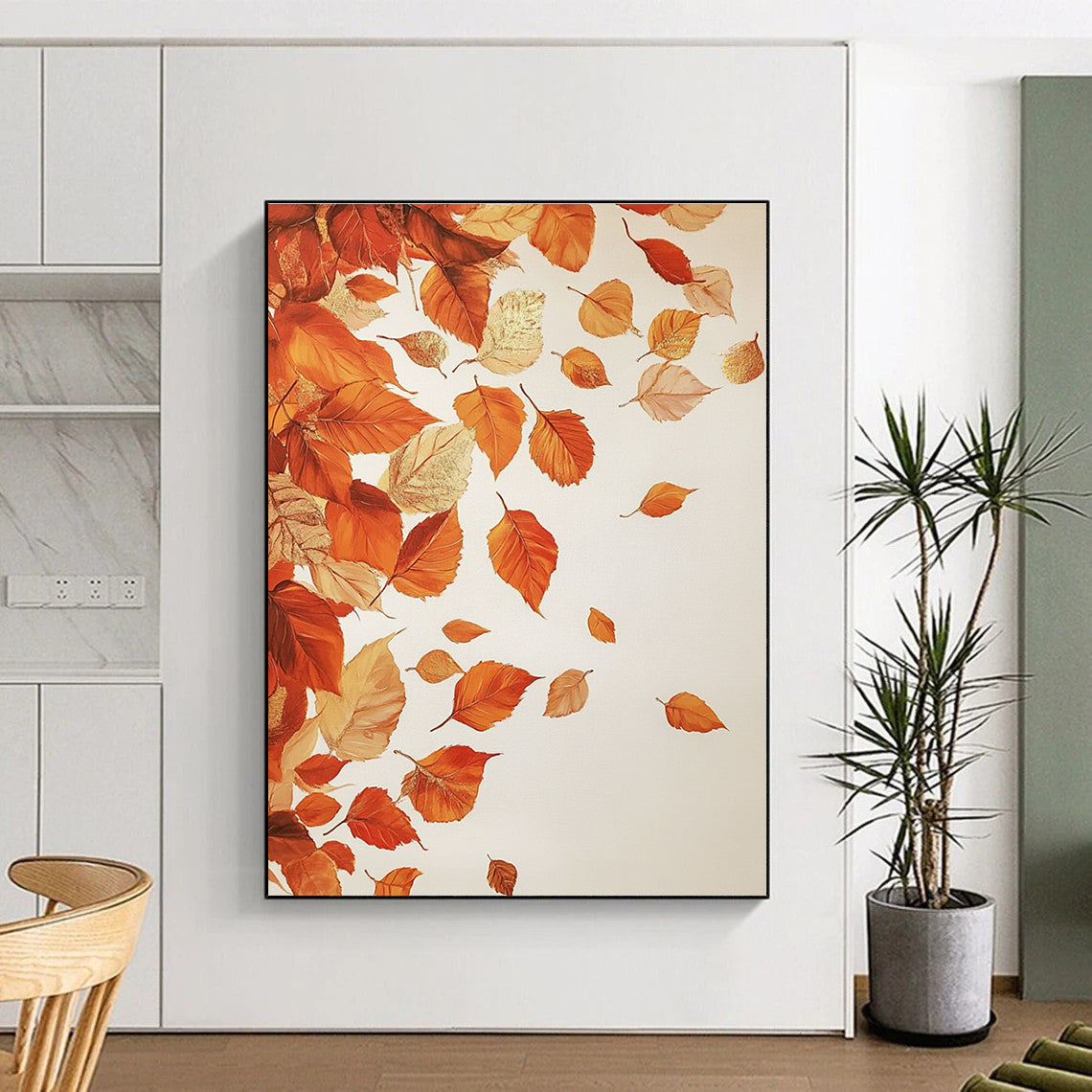 Large abstract painting of falling autumn leaves in Caravaggio style with gold leaf highlights on a white background.STSC1125