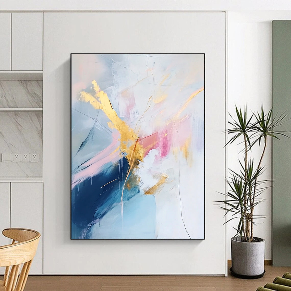 Pastel Gold Abstract Painting with Delicate Lines GER437