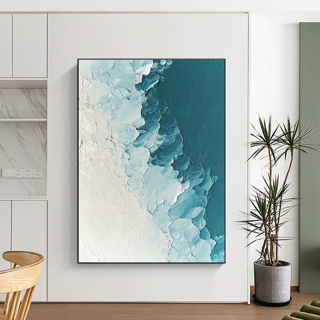Large abstract painting depicting ice and snow in light blue and white tones with heavy impasto texture and ultra-high resolution.STSC311