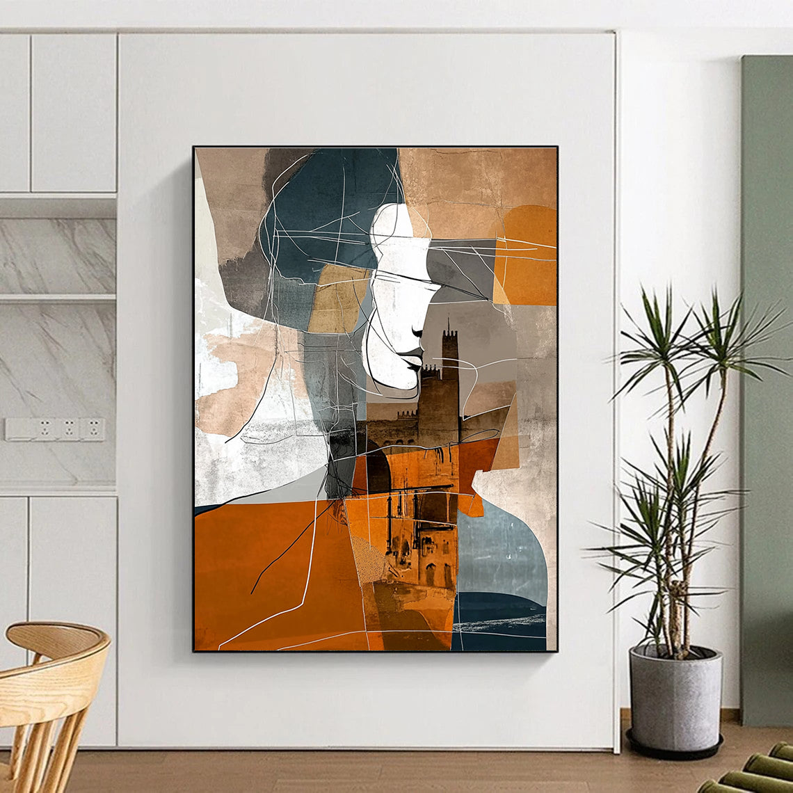 Large abstract painting featuring shapes in brown grey blue and orange with expressionist woman geometric figure and shadowed castle in Parisian urban life.STSC540