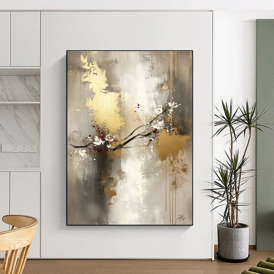 Large abstract painting featuring light gray and gold tones with delicate floral arrangements and a mysterious atmosphere on a spacious canvas.STSC434