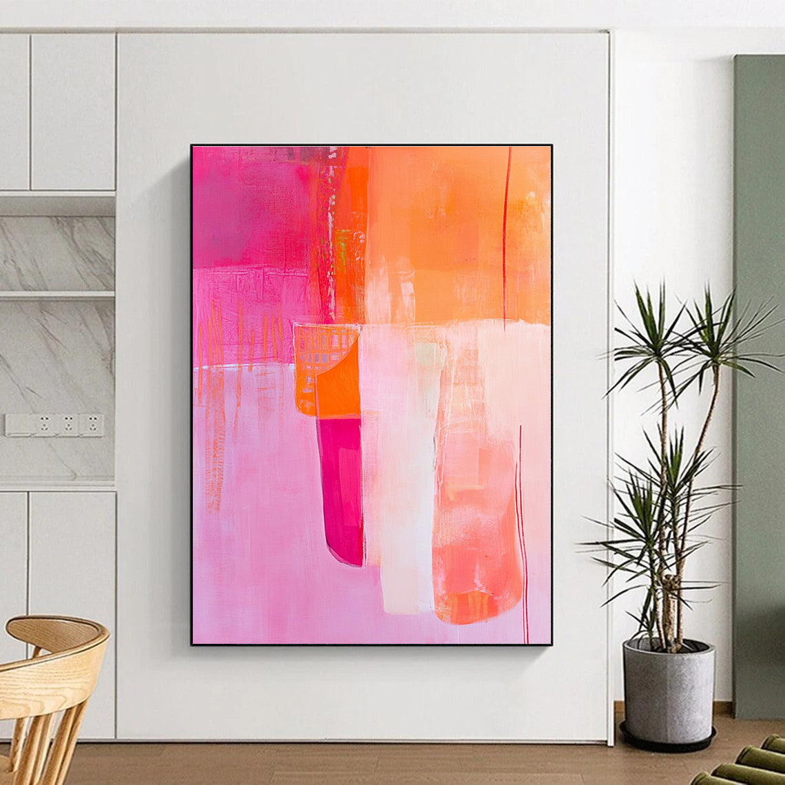 Large abstract painting featuring pink and orange tones with a textured background and playful paper cutout in the foreground.STSC785