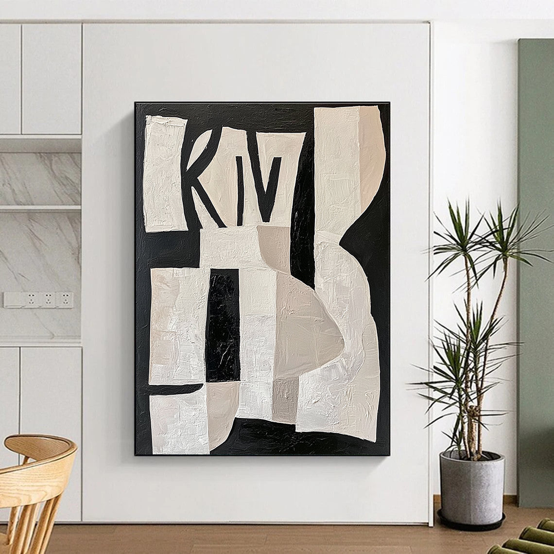 Large abstract painting featuring white shapes on a black background with deconstructed collage elements and the word KIWI in pastel colors.STSC313
