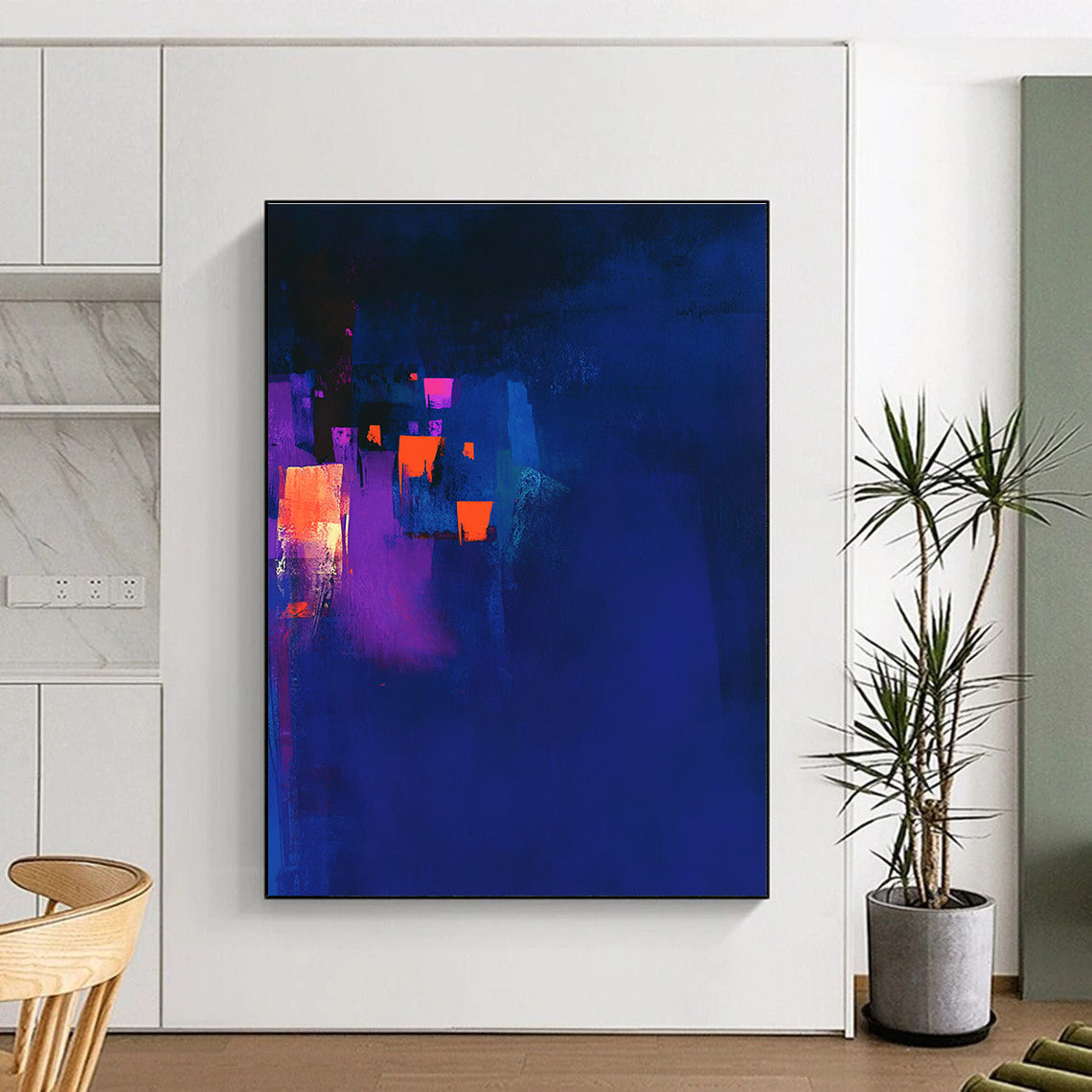 Large abstract painting in dark blue and violet with glowing orange highlights and a dark background capturing a chiaroscuro effect.STSC544