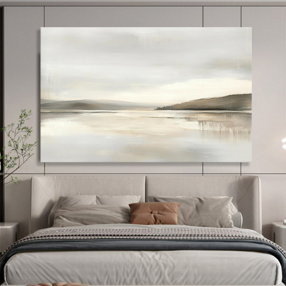 Large abstract painting featuring muted beige and gray tones with a soft sky and calm water for a tranquil and elegant atmosphere.SC065