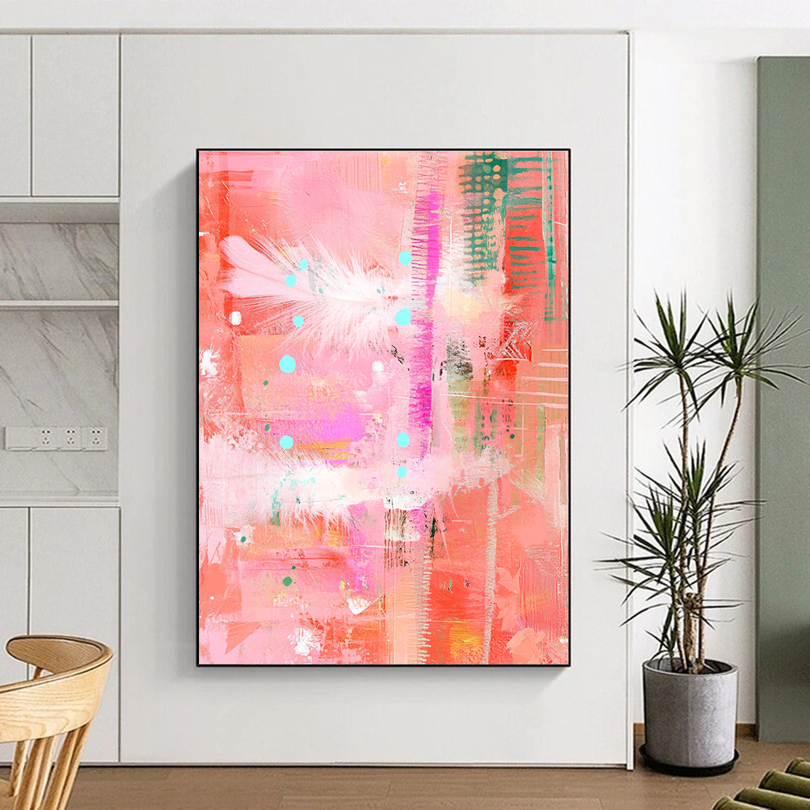 Large abstract painting featuring pastel pinks and reds with feathers dots and lines in a mixed media collage style on a textured pink background.STSC455