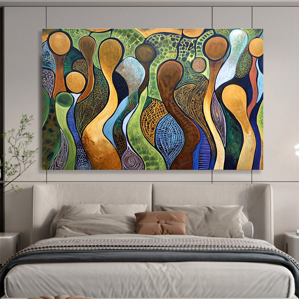 A large abstract painting featuring interlaced human figures in brown outlines against a vibrant background of greens, blues, and earthy whites with ocher yellow gems.SC582