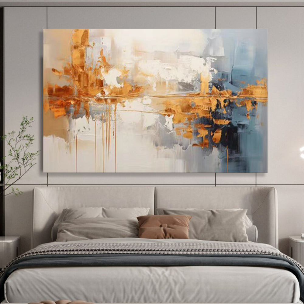 Gold and Blue Abstract Painting with Metallic Gold and Cool Blue Tones THY183