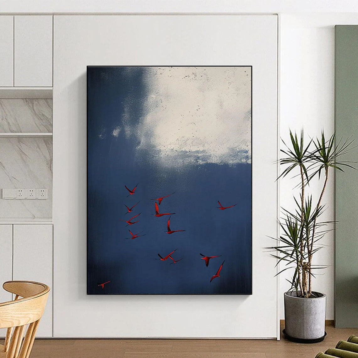Red Birds in Blue Sky Abstract Painting with White Accents ADGE500