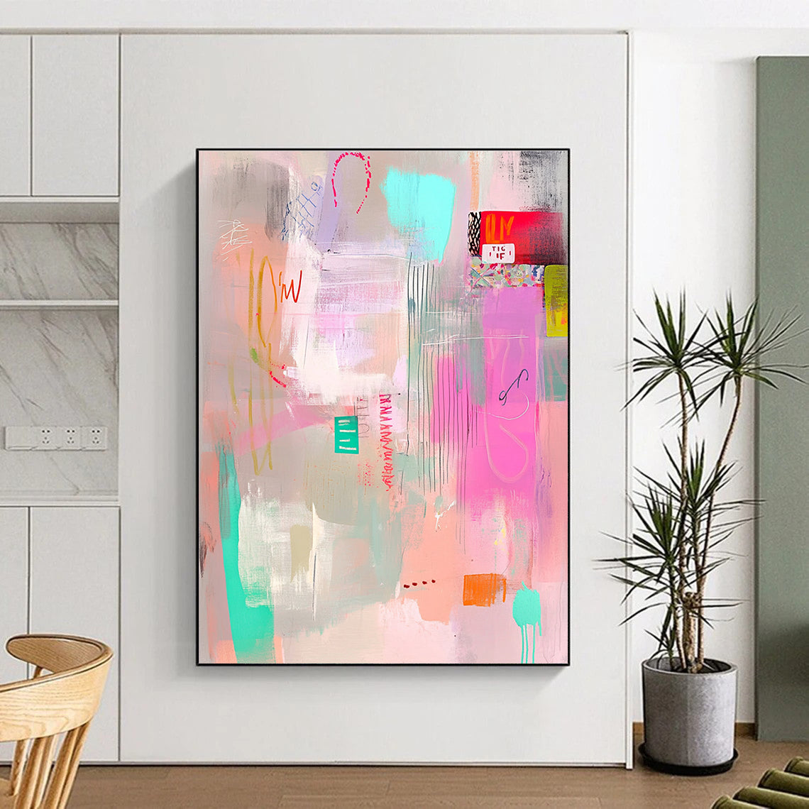 Large abstract painting in pastel pink aqua and lime green tones with soft brushstrokes layered with transparent elements and playful text.STSC1023