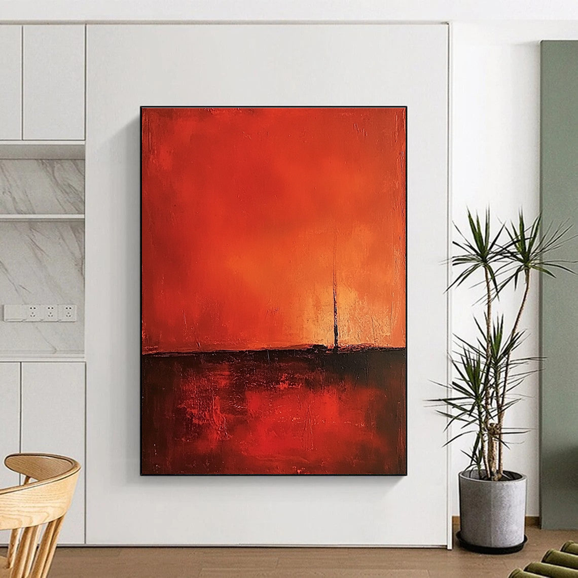 Abstract oil painting featuring a minimalist red background with warm tones and heavy brush strokes in a vintage style.STSC1377
