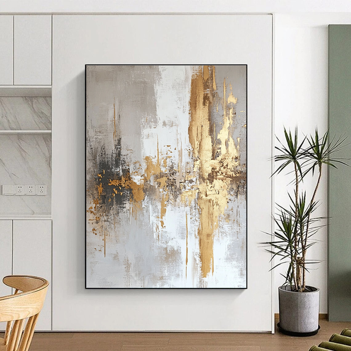 Large abstract painting featuring white and gold textures with light gray background and elegant gold foil accents.STSC508