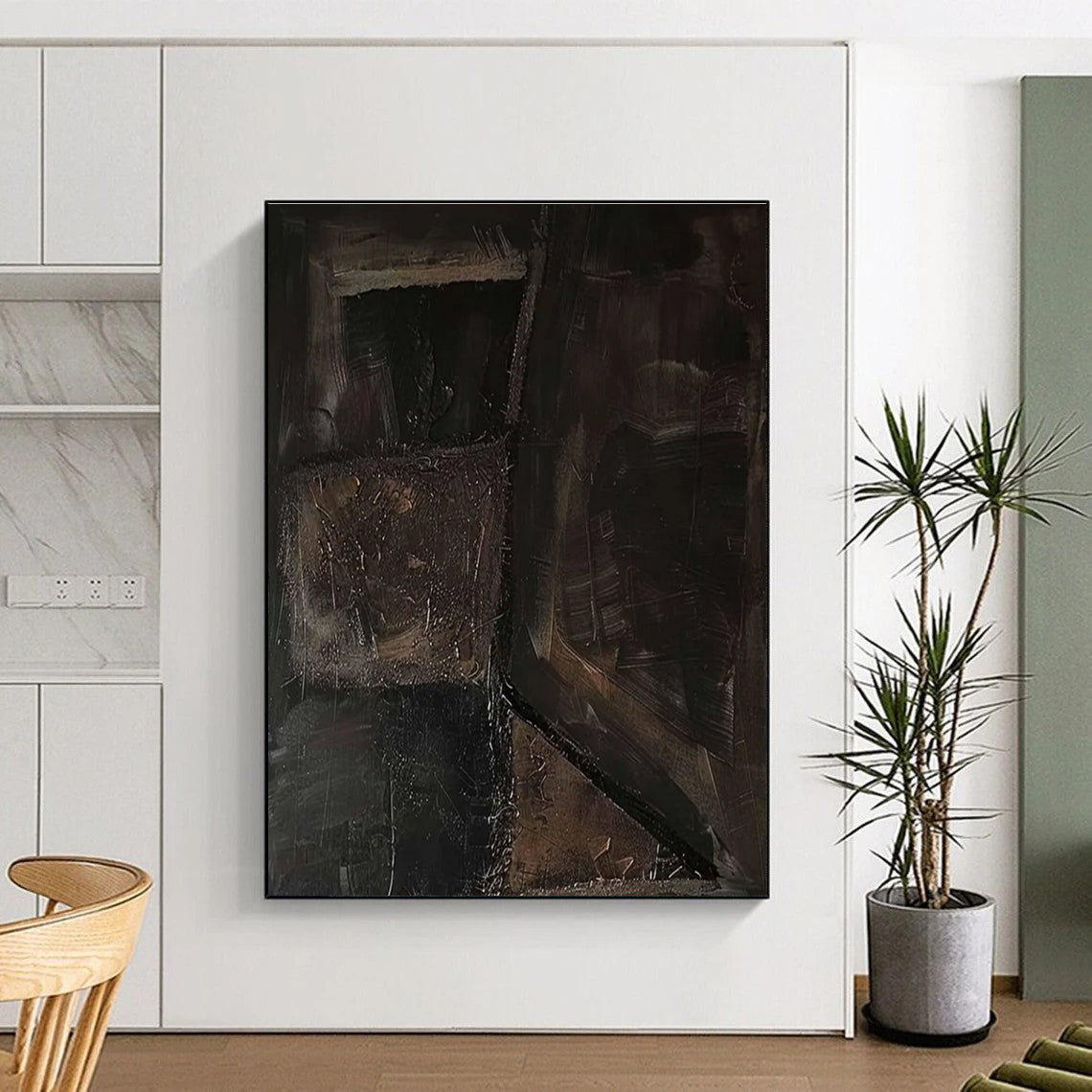 Dark Textured Patchwork Abstract Painting with Earthy Browns ADGE497