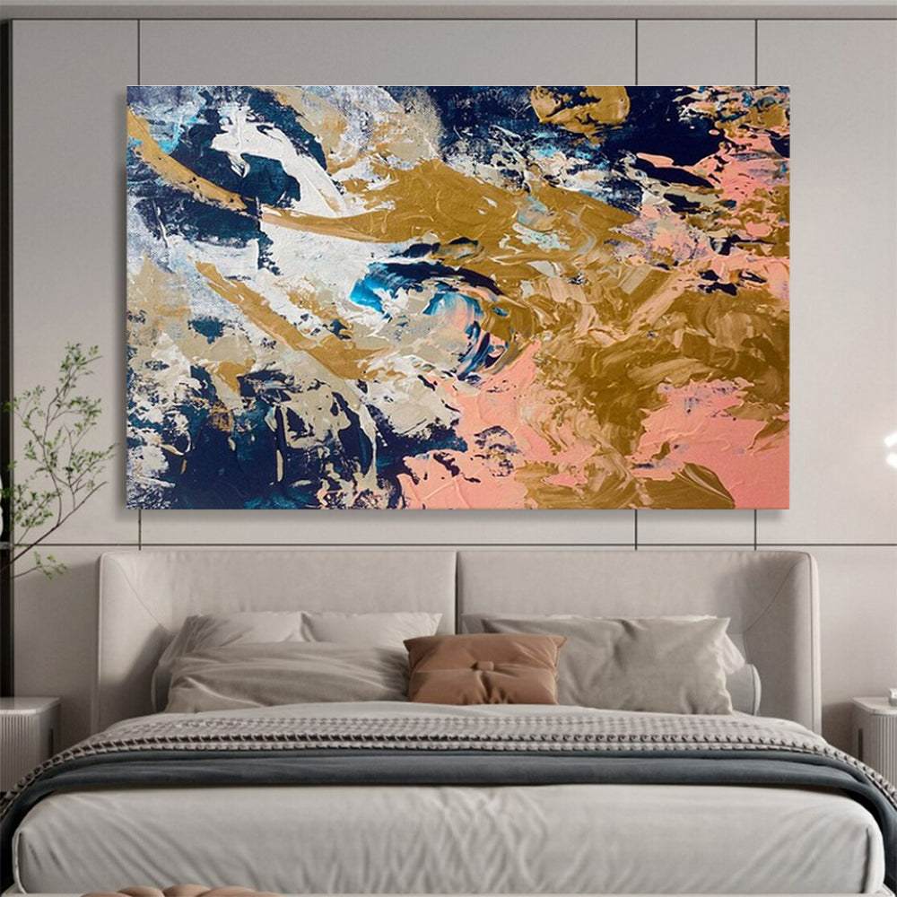 Navy Gold Pink Abstract Painting with Opulent, Contrasting Hues THY381