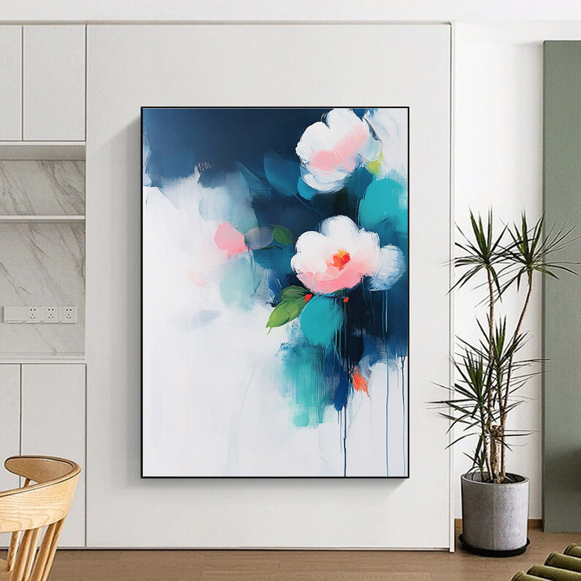 Abstract painting on a white background with teal and pink accents featuring flowers and green leaves in soft atmospheric edges.STSC375