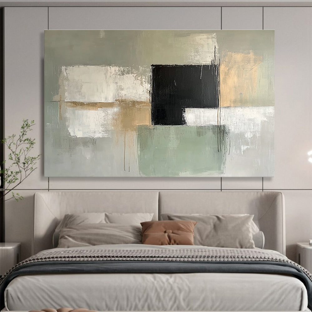 Gray and Green Abstract Painting with Geometric Forms DYP369