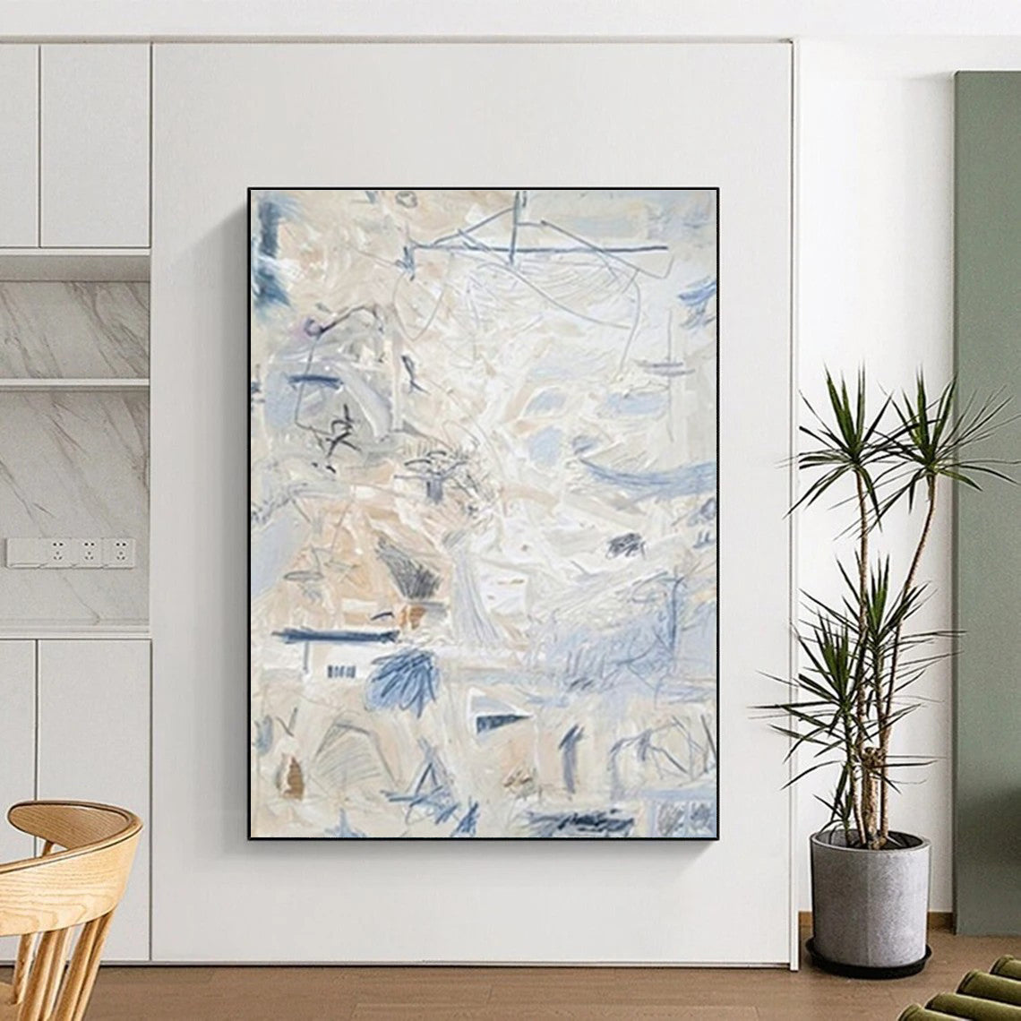 Light Beige and Blue Abstract Painting with Delicate Marks ADGE144