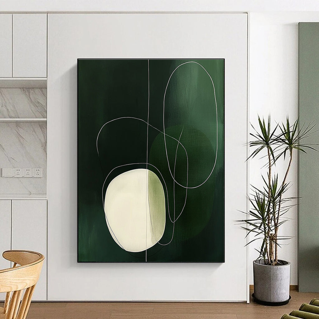 Large abstract painting featuring simple white and green shapes, an oval with delicate outlines, creating a serene and elegant atmosphere.STSC131