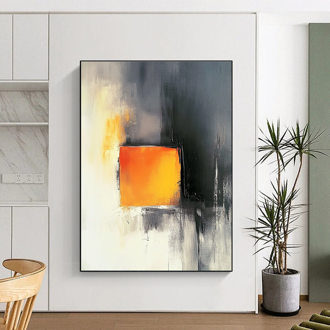 Abstract painting featuring a light orange square amid dark gray and white backgrounds with elegant yellow tones and strong black and red contrasts.STSC1208