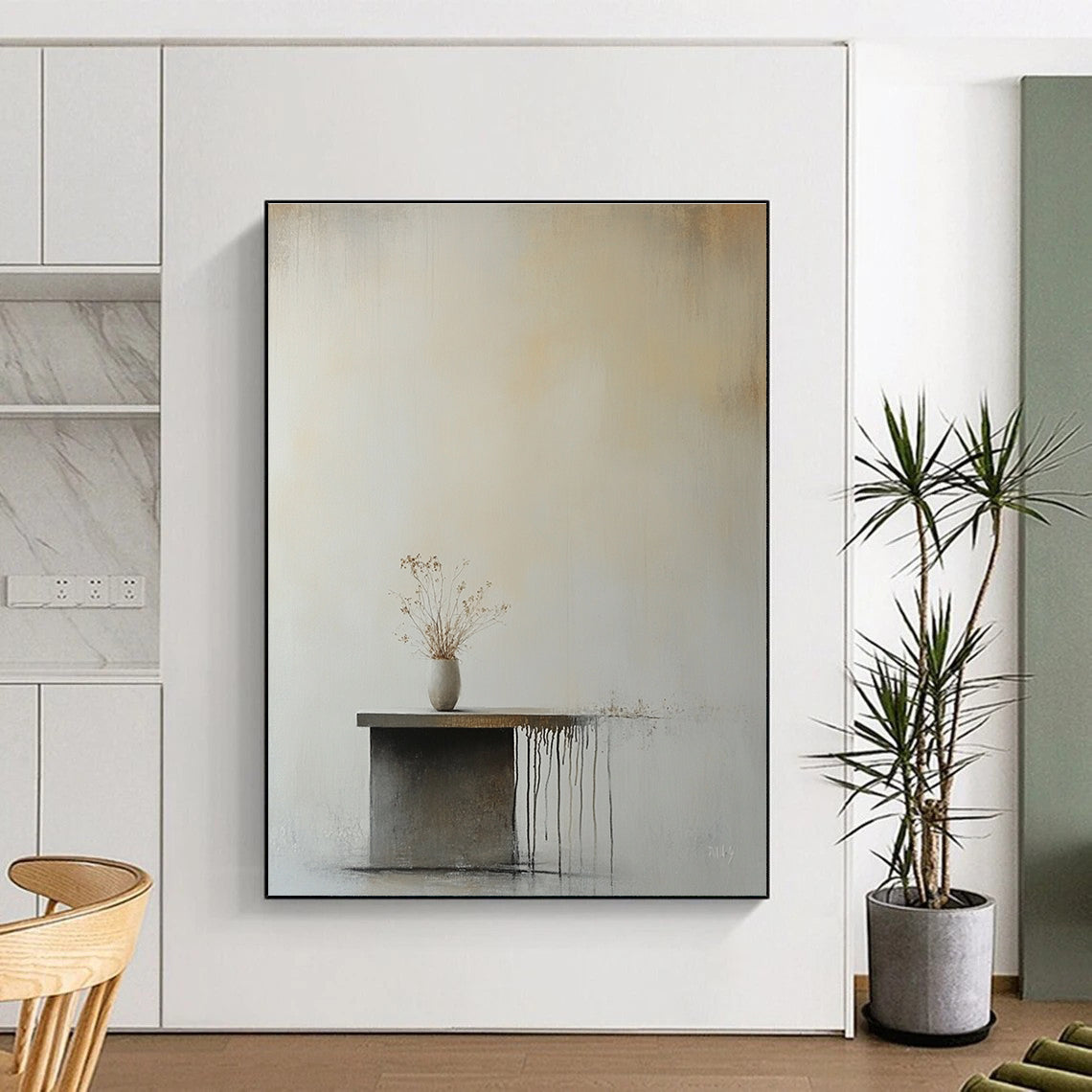 Abstract painting of an empty wall featuring a small table and flower vase in soft beige and gray tones with minimalist aesthetic.STSC641