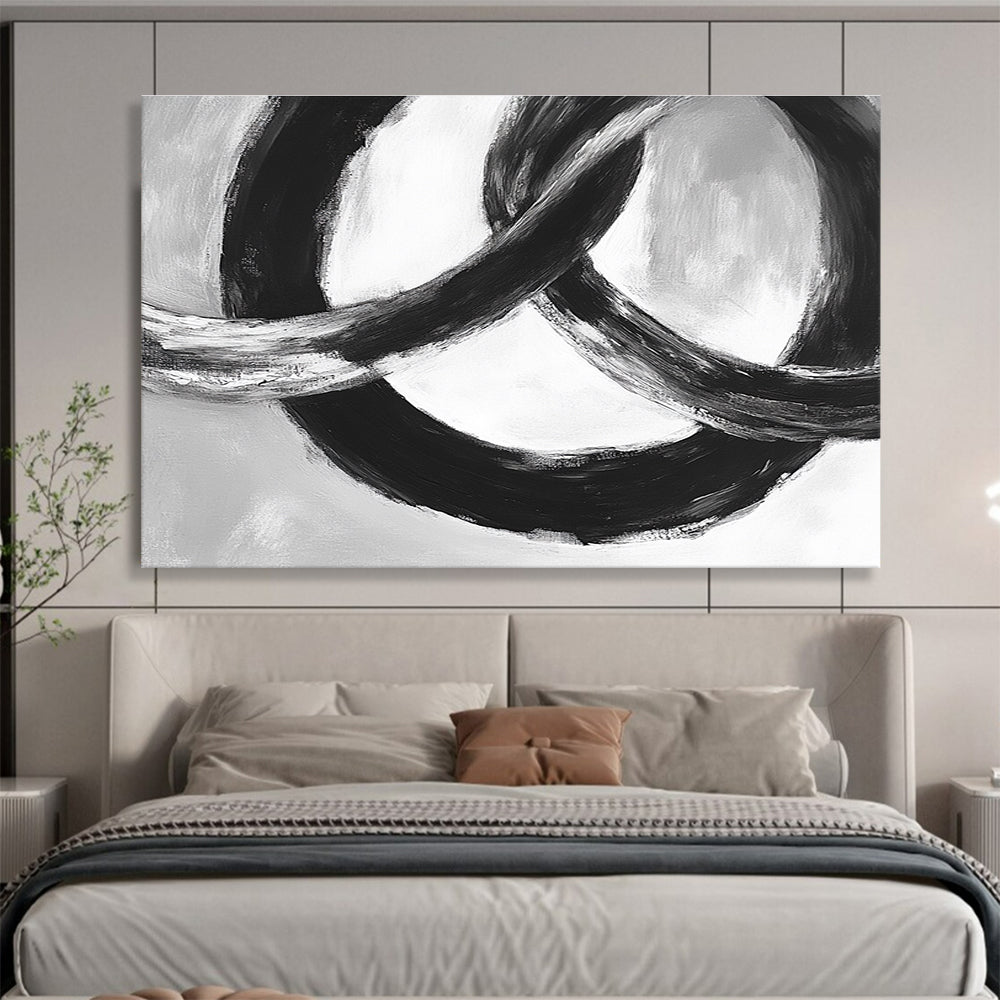Black and White Linked Rings Abstract Painting with Bold Brushstrokes DYP175