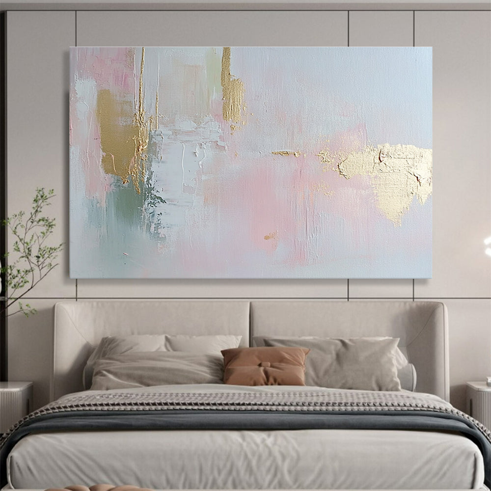 Abstract painting in soft pastel pink and pale gold with delicate brush strokes and textured elegance, enhancing a serene romantic atmosphere.SC386