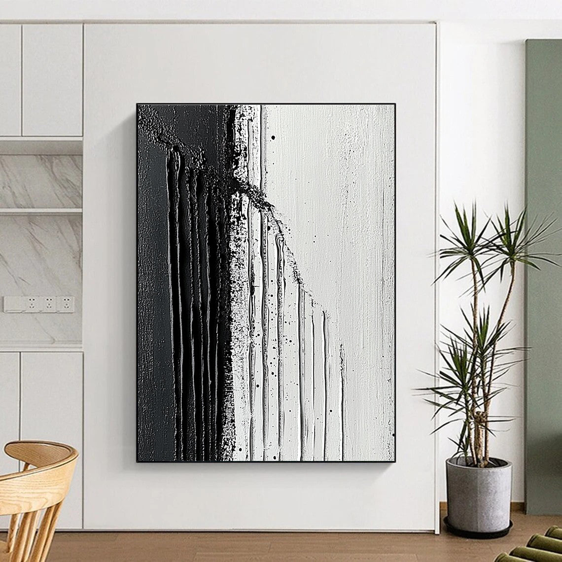 Large abstract painting featuring textured strokes with a striking contrast of dark and light shades embodying minimalism and simplicity on canvas.STSC019