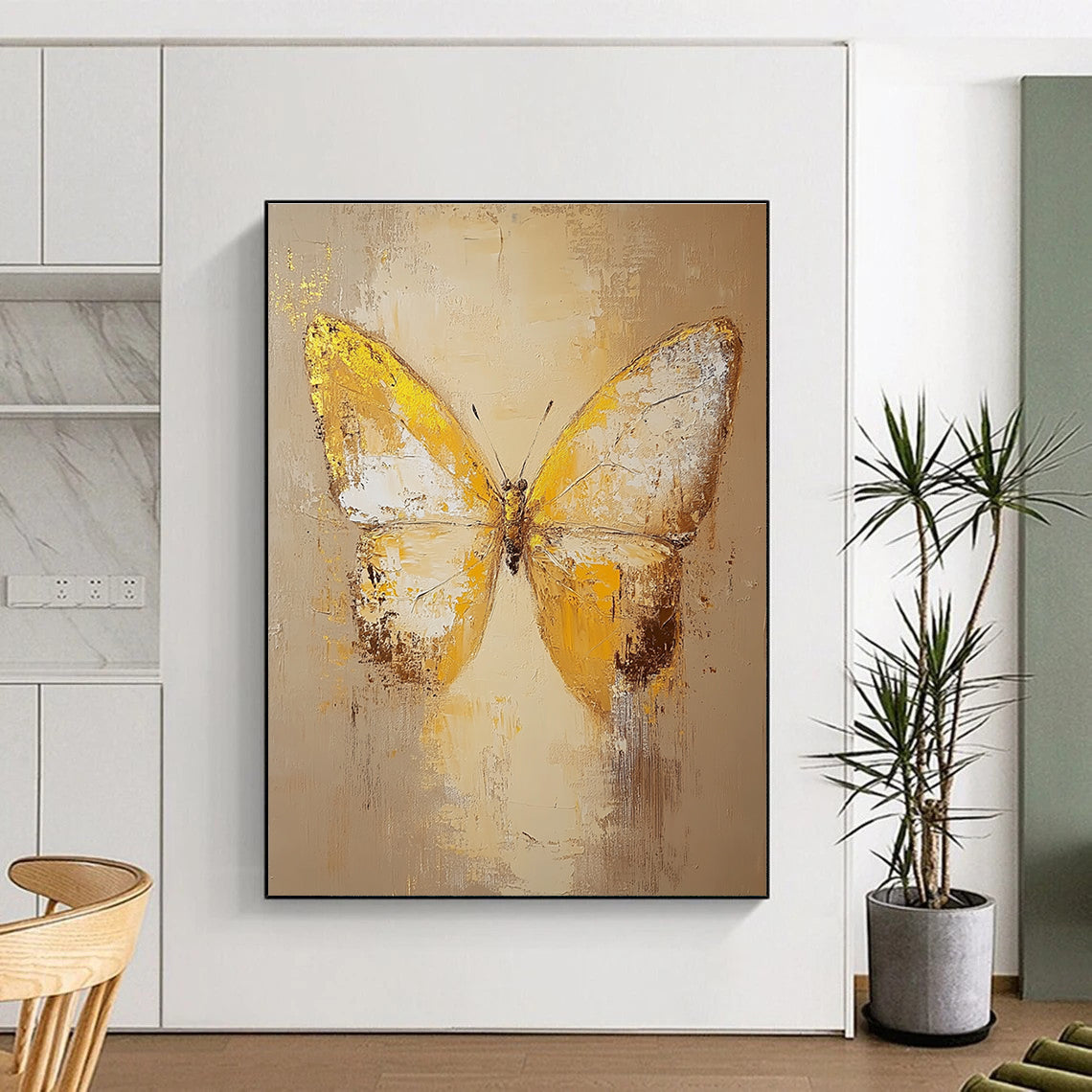 Large abstract butterfly painting in beige and yellow tones with textured old canvas and gold elements, capturing a love for nature and artistic expression.STSC1028
