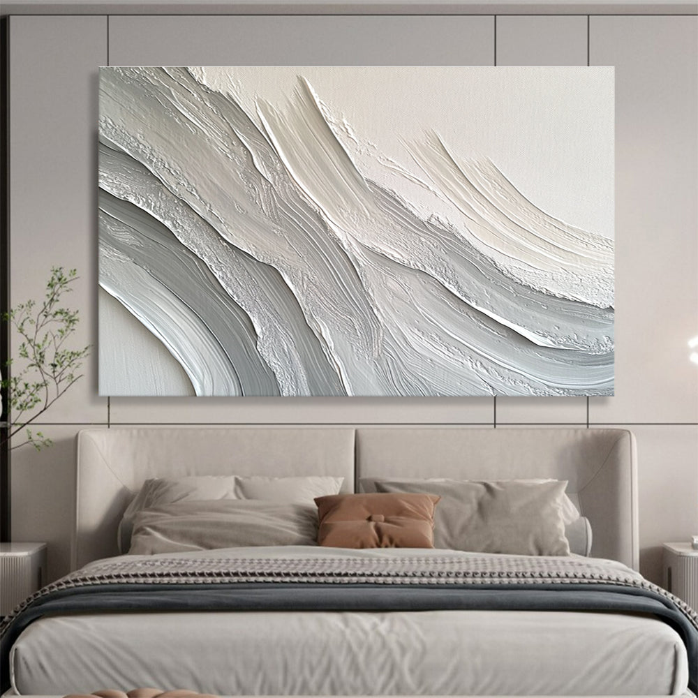 Large abstract painting featuring swirling white and gray patterns that create depth and texture against a plain background.SC451