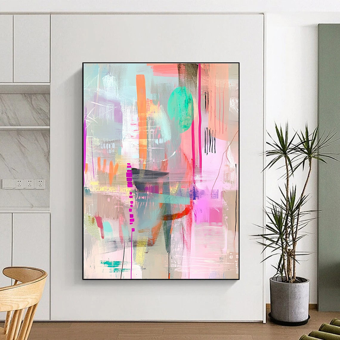A large abstract painting with pastel colors and textures creating depth and motion featuring soft edges and whimsical patterns in pink green blue and brown.STSC1022