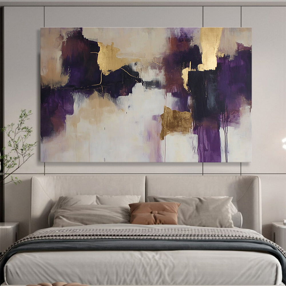 Purple and Gold Abstract Painting with Dynamic Forms DYP396