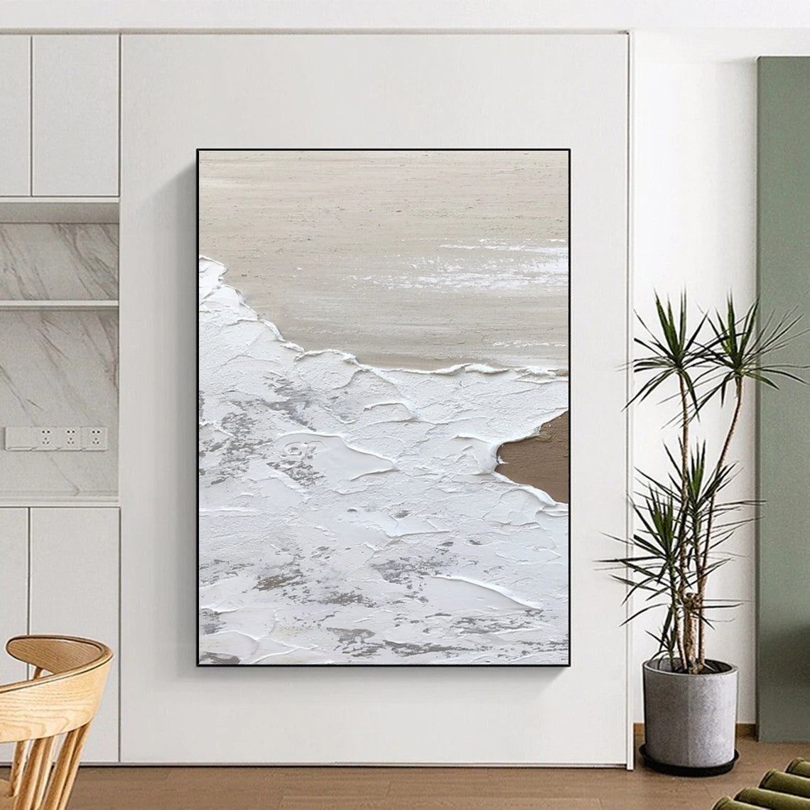 Beige and White Textured Abstract Painting with Layered Effects ADGE374