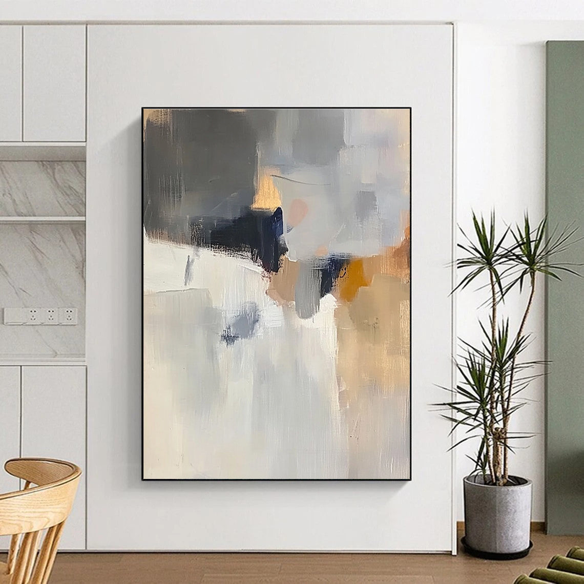 Large abstract painting with soft light colors grey and white atmospheric shapes hints of brown blue and yellow in muted tones.STSC686