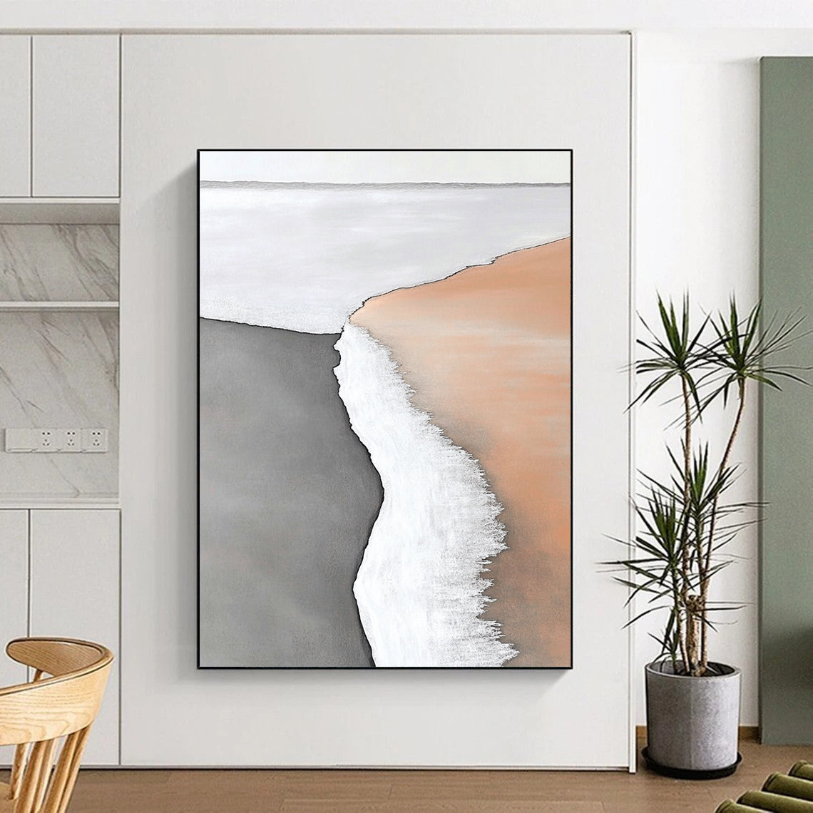 Abstract painting capturing the serene boundary of water and land with white sand and subtle hues of light orange and brown in a minimalistic style.STSC550