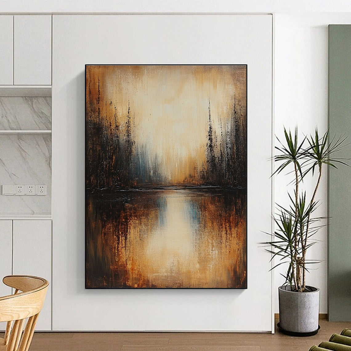 Large abstract painting of a lake with dark beige trees in brown and grey tones under low lighting creating a serene atmosphere.STSC168